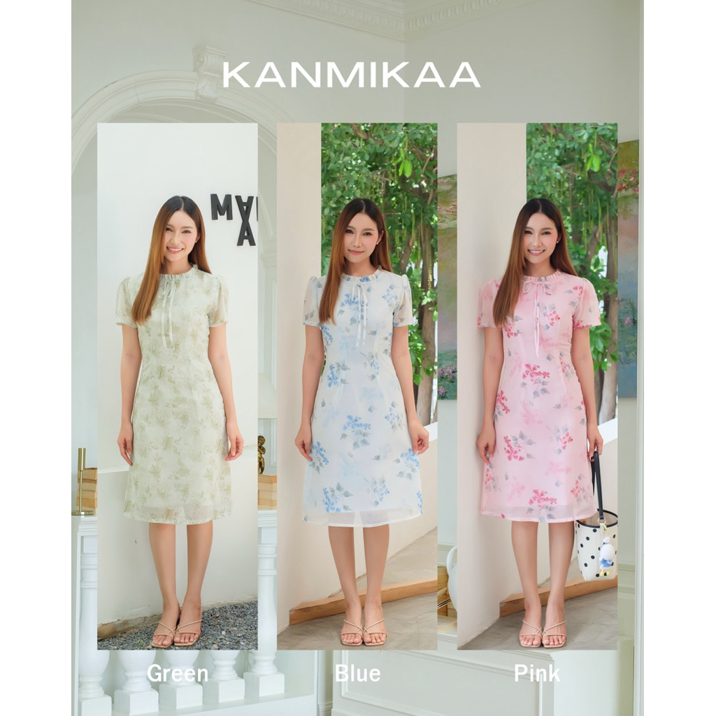 🌸🩵🥑 KK009 | may.เดรสคอระบายเข้ารูปทรงเอ ชีฟองลายดอกไม้