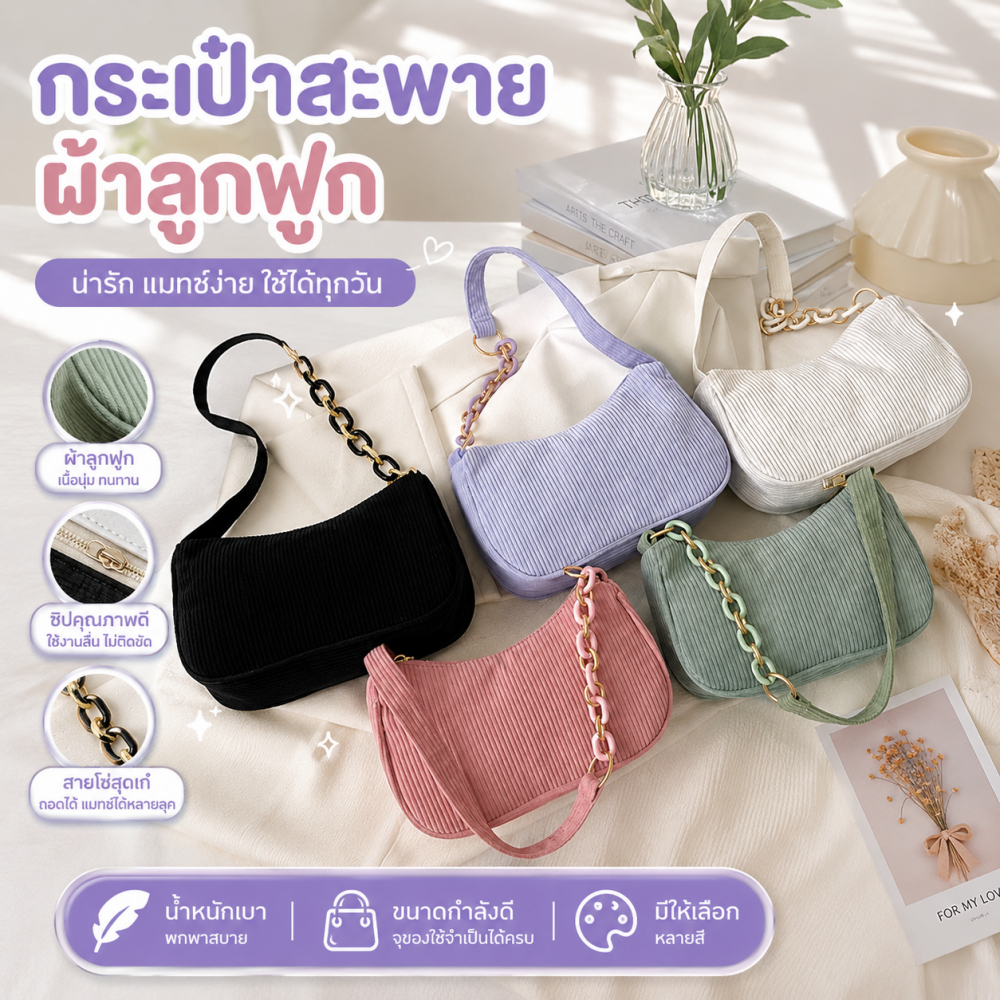 แฟชั่น ผ้าลูกฟูก กระเป๋าใต้วงแขนสำหรับสุภาพสตรี ออกแบบกระเป๋าสะพายไหล่แบบพกพาที่ทนทานออกไปพักผ่อนด้านหลัง