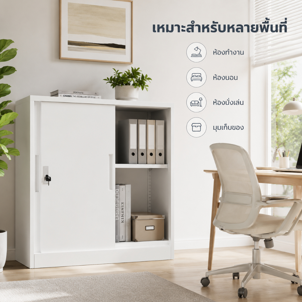 ตู้เก็บของโลหะสีขาว ประตูสไลด์ มีล็อค สูง 90 ซม. ตู้ไฟล์ ตู้เอกสาร ตู้ลิ้นชัก