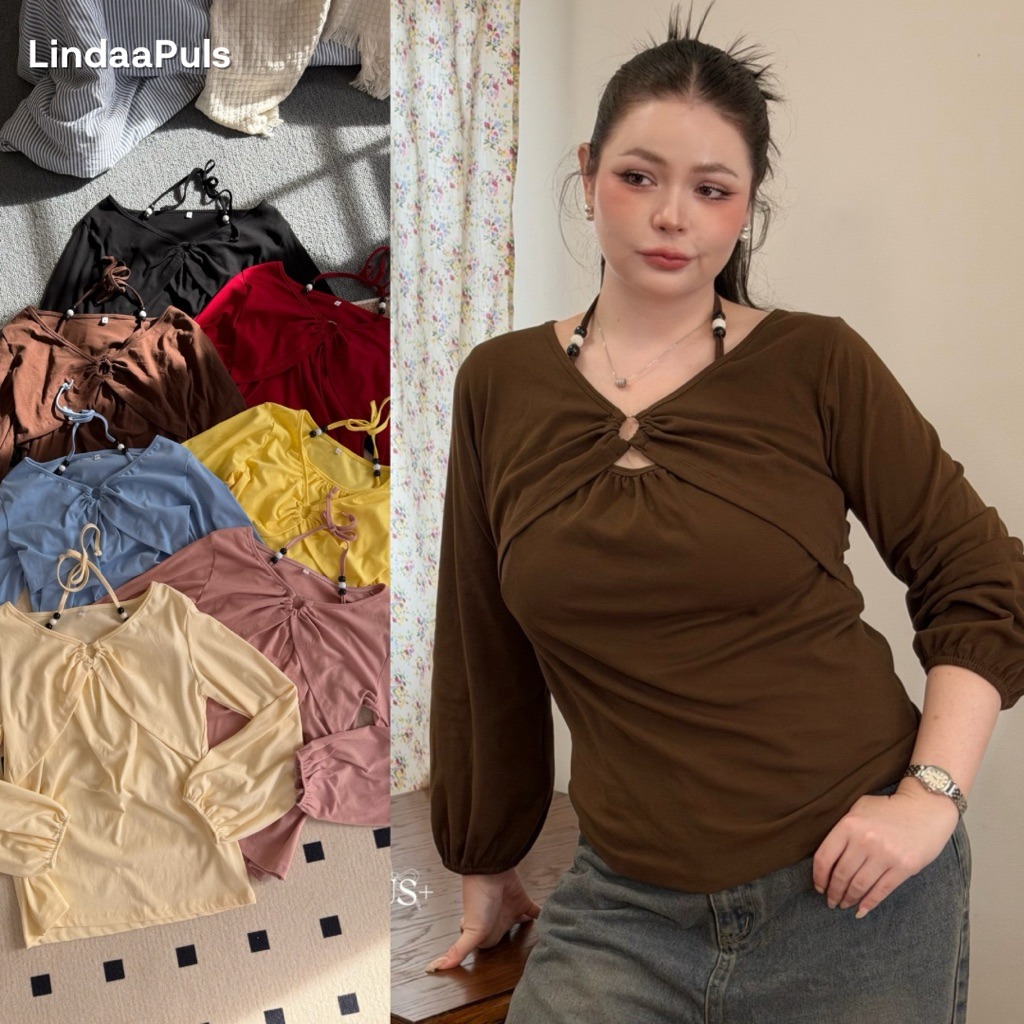 LindaaPlus-- เสื้อแขนยาวคล้องคอสาวอวบอ้วน 𓋜 ⋆♱ ดีเทลแต่งอะไหล่ลูกปัดเชือกที่คอ สาวเซ็กซี่ สาวเท่ ต้องจัด ผ้ายูใส่สบาย
