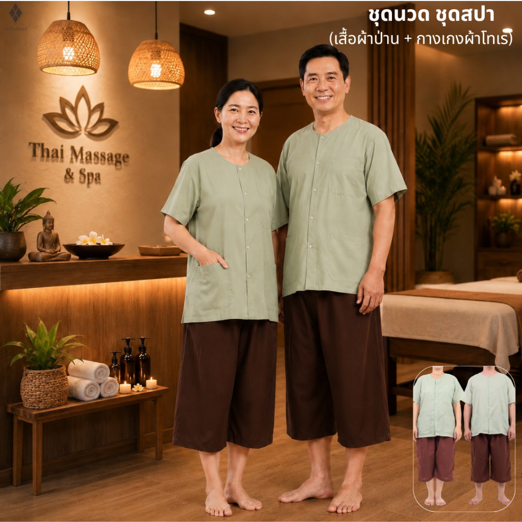 ชุดนวดสปา ชุดลูกค้านวด ใส่ได้ทั้งชาย-หญิง (เสื้อผ้าป่านคอกลมผ่าหน้า + กางเกงผ้าโทเร-เอวยางยืด กระเป๋าซิป 1 ใบ )