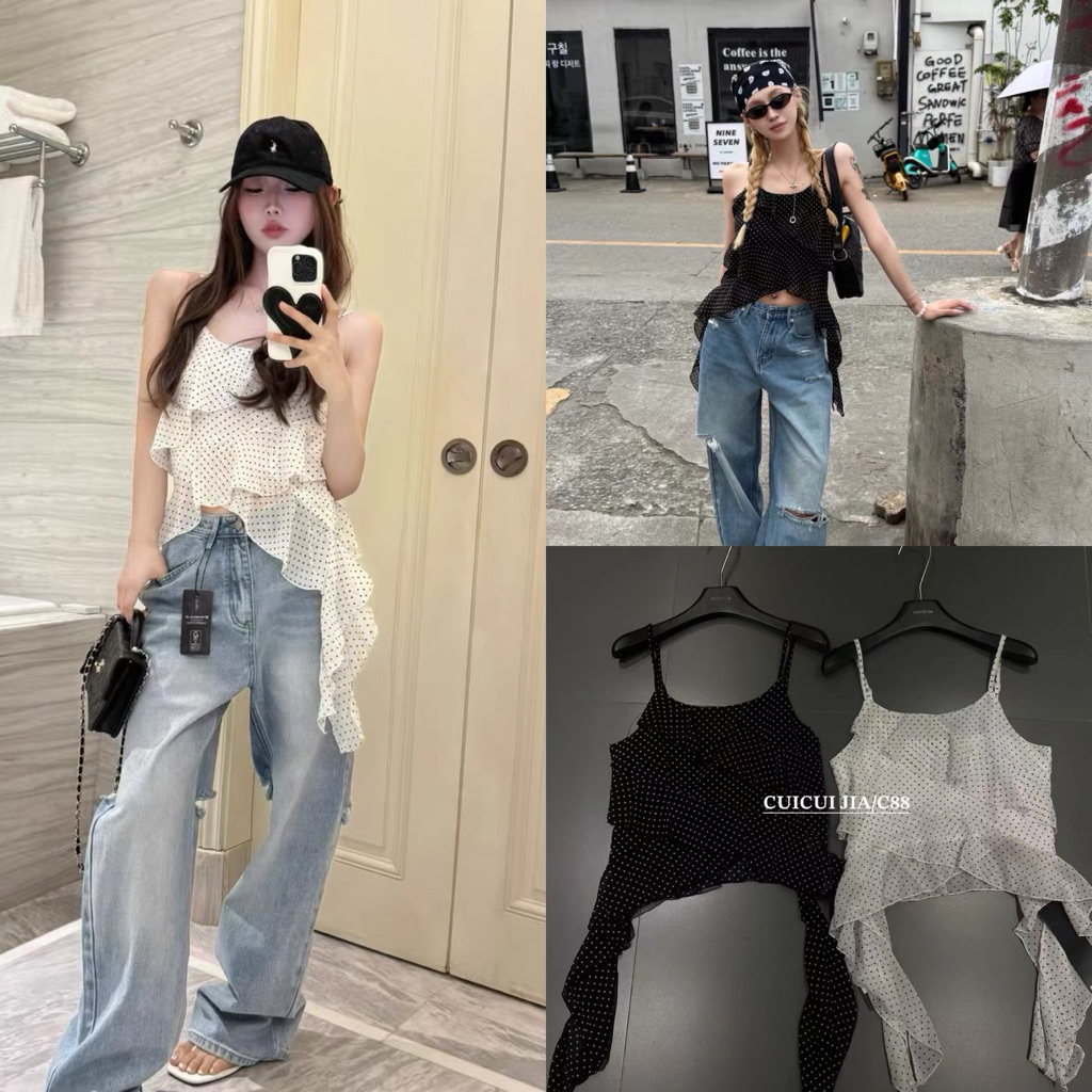 ส่งด่วน 🛵 #90449 เสื้อสายเดี่ยวลายจุด สุดละมุน ดีไซน์เน้นความพริ้ว
