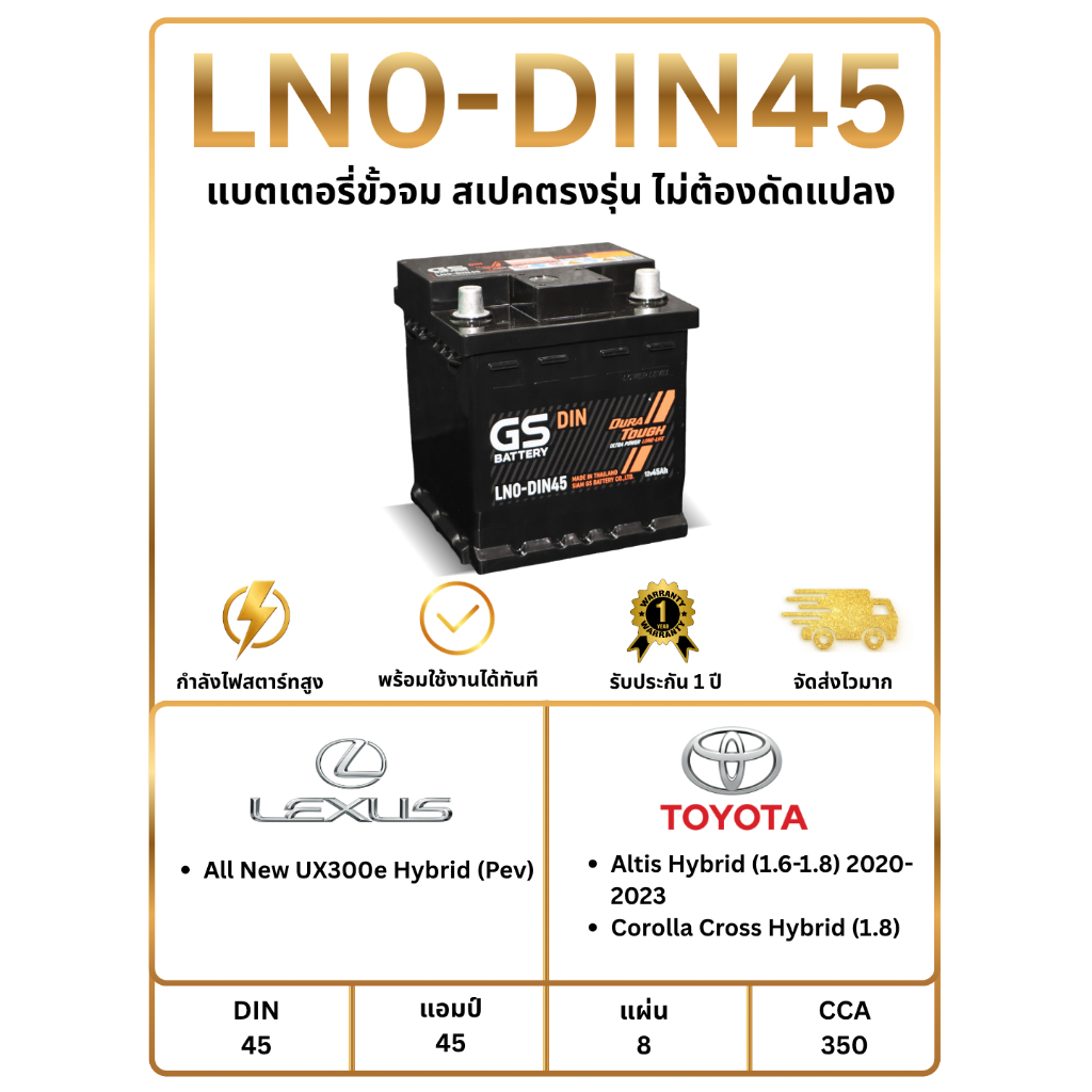 แบตเตอรี่ GS LN0-DIN45 12V 45 แอมป์ พร้อมใช้งานทันที ไม่ต้องเติมน้ำกลั่น (แถมฟรี กันขี้เกลือ 1 ชุด)