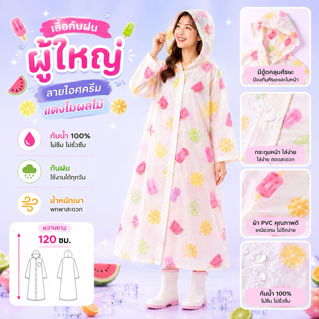เสื้อกันฝนผู้ใหญ่ PVC ลายแฟชั่น กันน้ำ 100% พร้อมหมวกคลุม ความยาว 120 ซม.