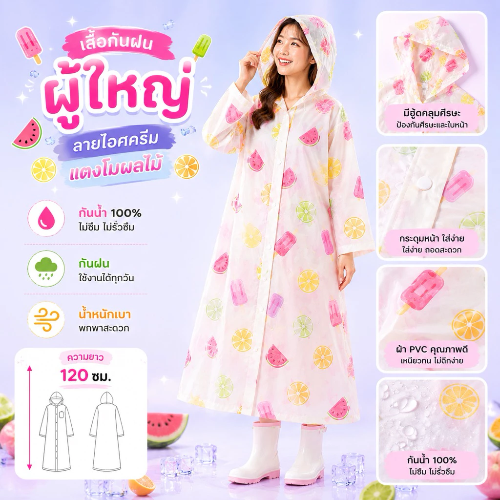 เสื้อกันฝนผู้ใหญ่ PVC ลายแฟชั่น กันน้ำ 100% พร้อมหมวกคลุม ความยาว 120 ซม.