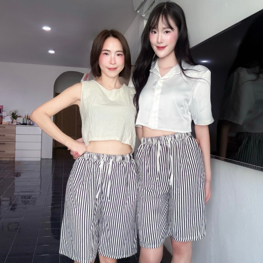 ขาสั้น Jorts กางเกงขาสั้นลายทางตรง มาใหม่ ผ้านุ่ม บางกำลังดี ใส่สบาย มีเชือก ไม่มีกระเป๋า ราคาโรงงาน พร้อมส่ง