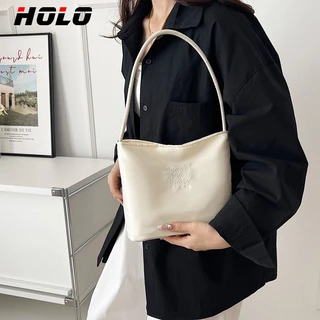 HOLO กระเป๋าถือทรงบัคเก็ตสีแมคารอนแบบเรียบง่าย กระเป๋าสะพายข้างแฟชั่น