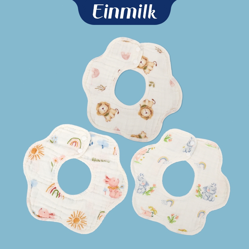 สินค้าพร้อมส่ง Einmilk เอี๊ยมเด็ก การดูดซับน้ำสามารถนำกลับมาใช้ใหม่ได้ ผ้ากันเปื้อนกลีบปัก Baby bib QBI