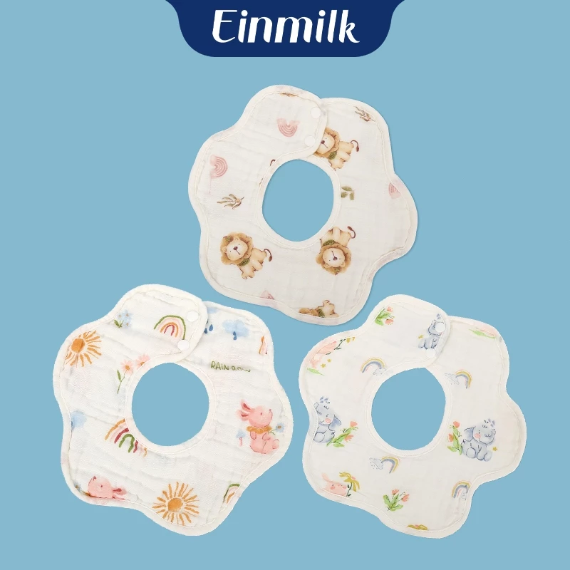 สินค้าพร้อมส่ง Einmilk เอี๊ยมเด็ก การดูดซับน้ำสามารถนำกลับมาใช้ใหม่ได้ ผ้ากันเปื้อนกลีบปัก Baby bib QBI
