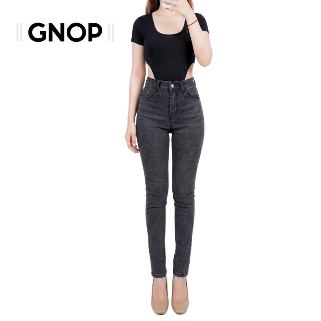 **ลดล้างสต็อก** (ไม่รับเปลี่ยน)  GNOP กางเกงยีนส์ยืด ขากระบอกเล็ก ผ้ายืด เอวสูง ทรงสวย สีดำ GN8102