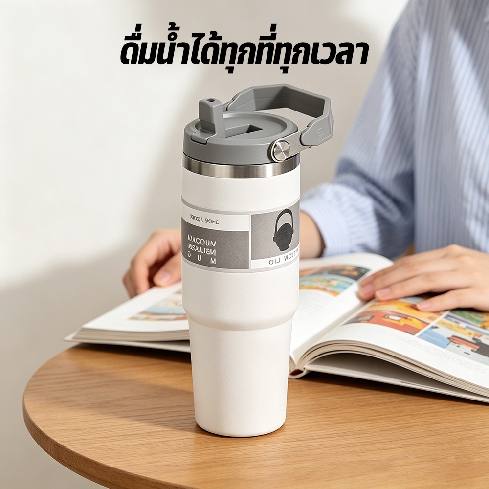 กระบอกน้ำ แก้วเก็บความเย็น แก้วน้ำพกพา 304 สแตนเลส รักษาความอบอุ่นและความเย็น พกพาได้ พร้อมหลอด