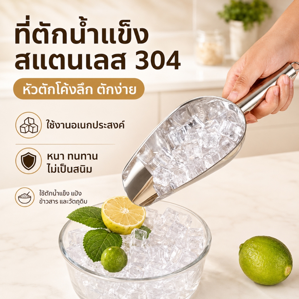 ที่ตักน้ำแข็งสแตนเลส 304 หนา ทนทาน ไม่เป็นสนิม ใช้ตักน้ำแข็ง ข้าวสาร แป้ง และวัตถุดิบ