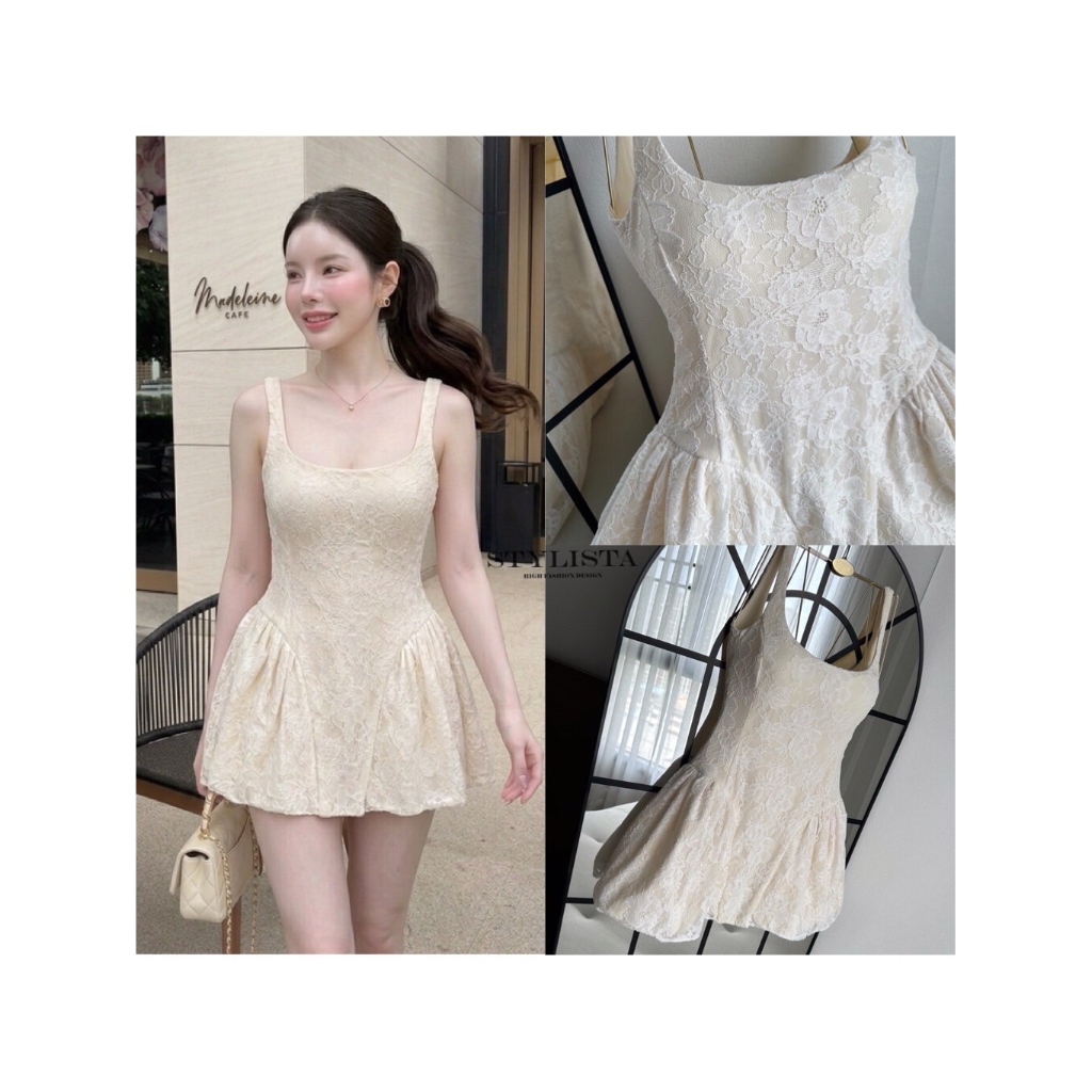 D6 งานป้าย Stylista Dress เดรสสั้นลูกไม้ สำหรับผู้หญิง เสื้อผ้าแฟชั่นผู้หญิง ไซส์ Xs-L