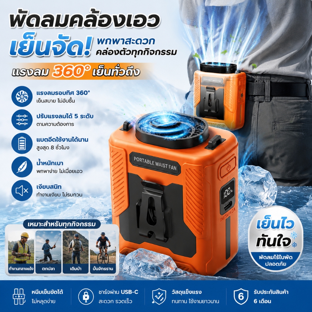 พัดลมคล้องเอว พัดลมพกพา แรงลมแรง 360° ปรับได้ 5 ระดับ แบตอึด เย็นเร็ว สำหรับทำงานกลางแจ้ง