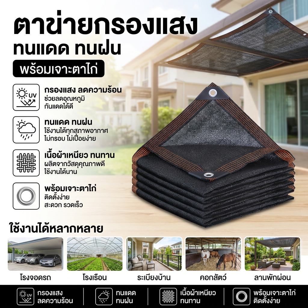 สแลนกันแดด 99% ผ้าใบกรองแสง กันUV ทนแดด มีตาไก่ ใช้ได้กับโรงรถ ระเบียง และสวน