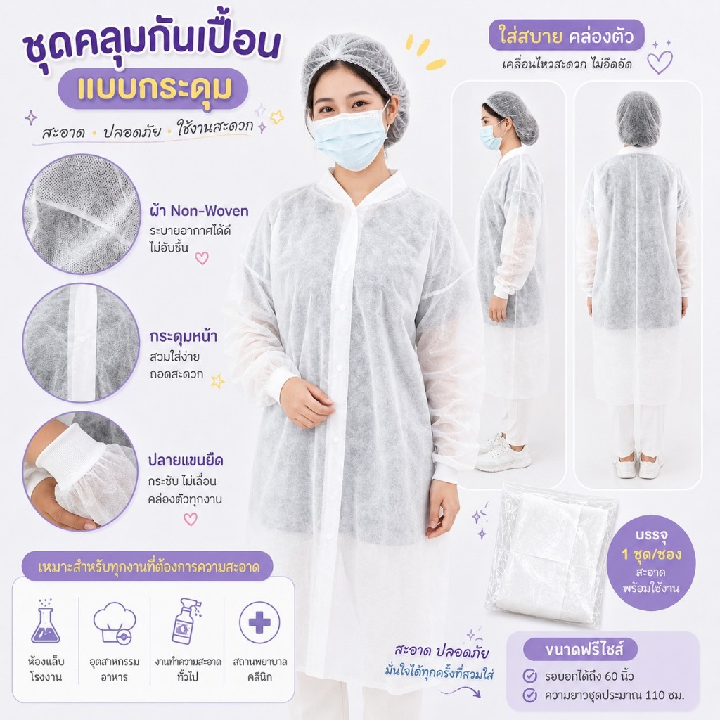 ชุดกราว ชุดคลุม แบบมีกระดุมหน้า ชุดคลุมกันเปื้อน คุณภาพสูง พร้อมส่ง