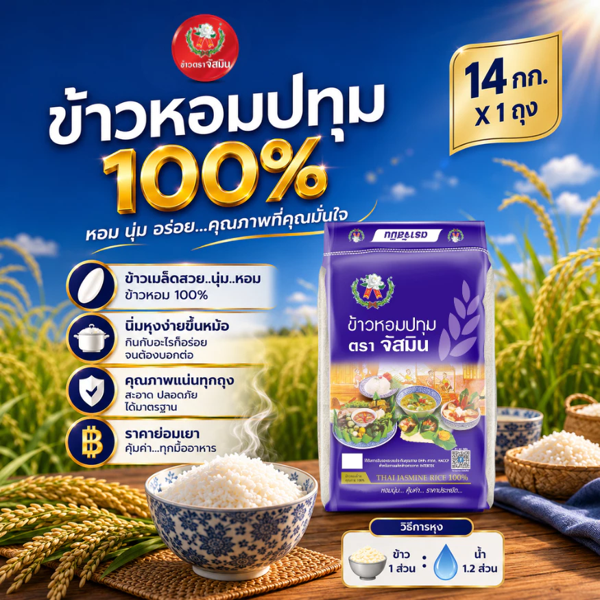 จัสมิน ข้าวหอมปทุม 100% ถุงน้ำเงิน ขนาด 14กก. X 1 กระสอบ