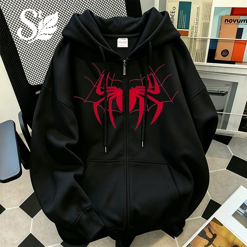เสื้อฮู้ดมีซิปแขนยาวลายแมงมุมสีแดง สไตล์อเมริกัน ทรงหลวม Unisex ผ้าฝ้ายคุณภาพสูง เนื้อผ้านุ่มกันลม มี 12 สี พร้อมส่ง สต็