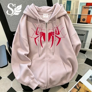 เสื้อฮู้ดมีซิปแขนยาวลายแมงมุมสีแดง สไตล์อเมริกัน ทรงหลวม Unisex ผ้าฝ้ายคุณภาพสูง เนื้อผ้านุ่มกันลม มี 12 สี พร้อมส่ง สต็
