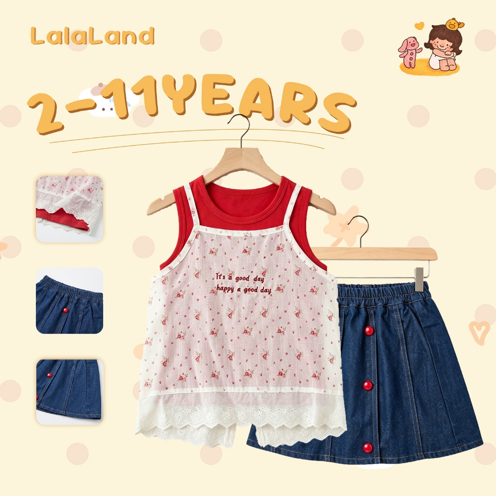 Lalaland 2-11ปี ชุดเซ็ต สไตล์เกาหลี เสื้อกั๊กเด็กผู้หญิง กระโปร่งเด็กผู้หญิง ผ้าฝ้ายแท้ านุ่มใสสบายฯ
