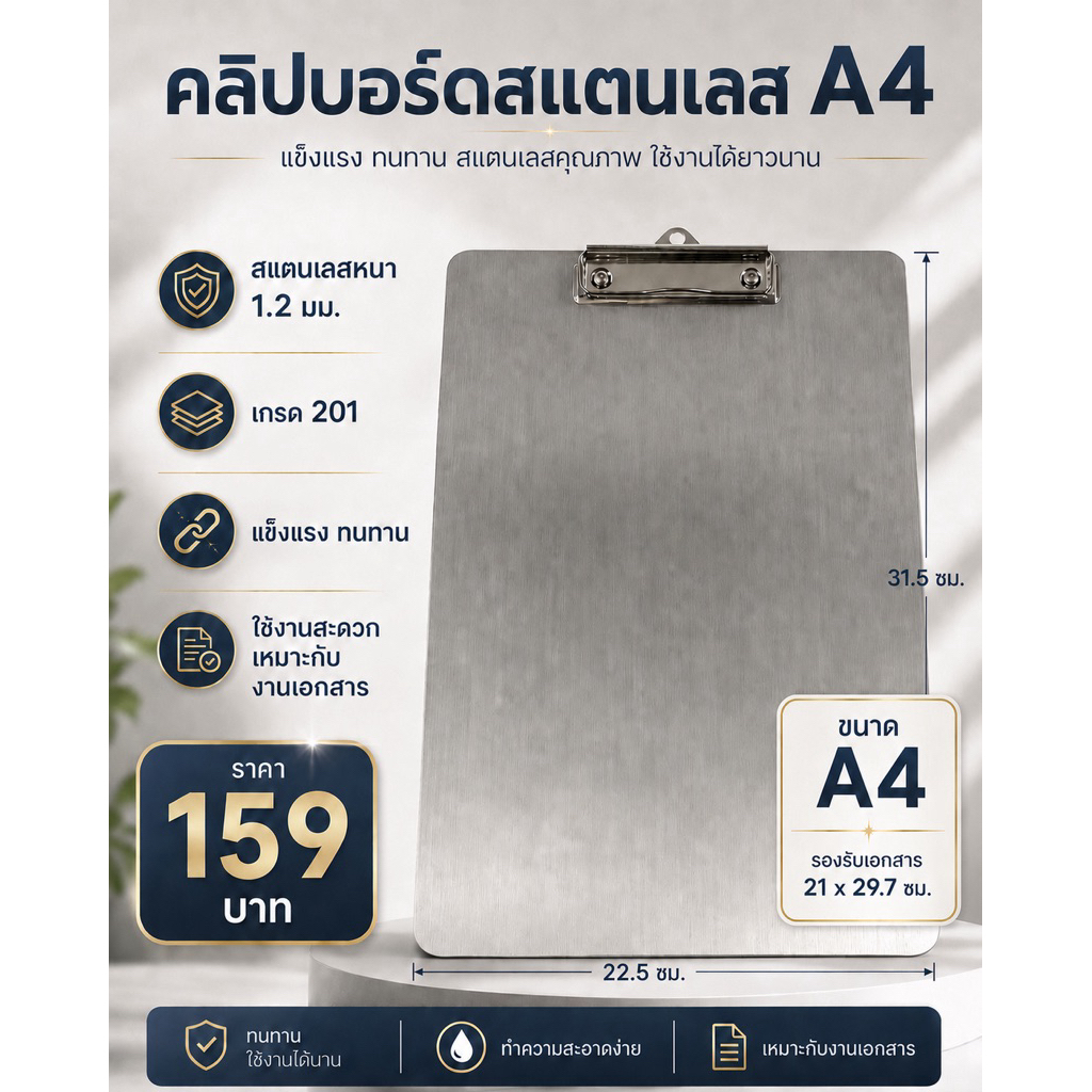 คลิ๊ปบอร์ด สแตนเลส เกรด201 ใช้ในสำนักงาน ไซด์งาน