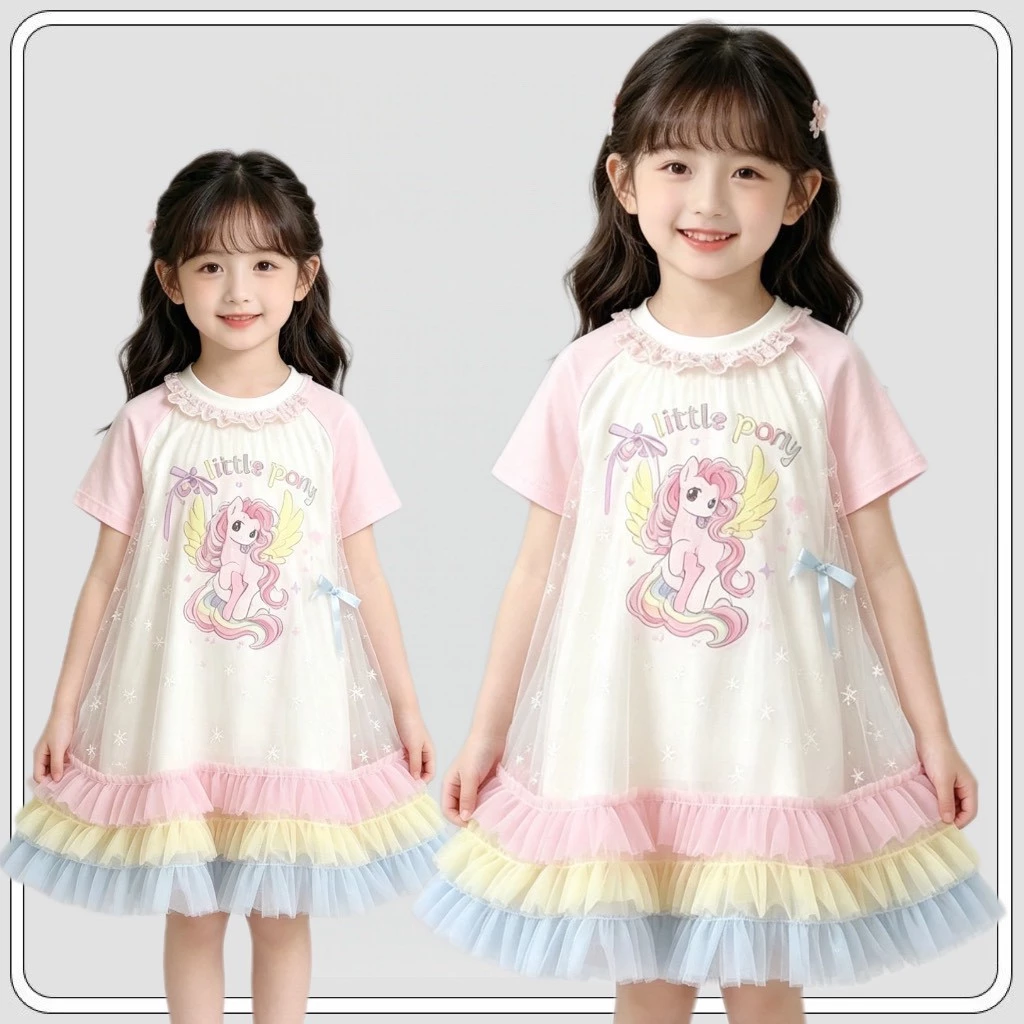 MC304 เดรสเด็กผู้หญิงลายโพนี่น่ารัก ผ้าตาข่ายแต่งโบว์ สีพาสเทลสดใส สวมใส่สบาย เหมาะกับเด็ก