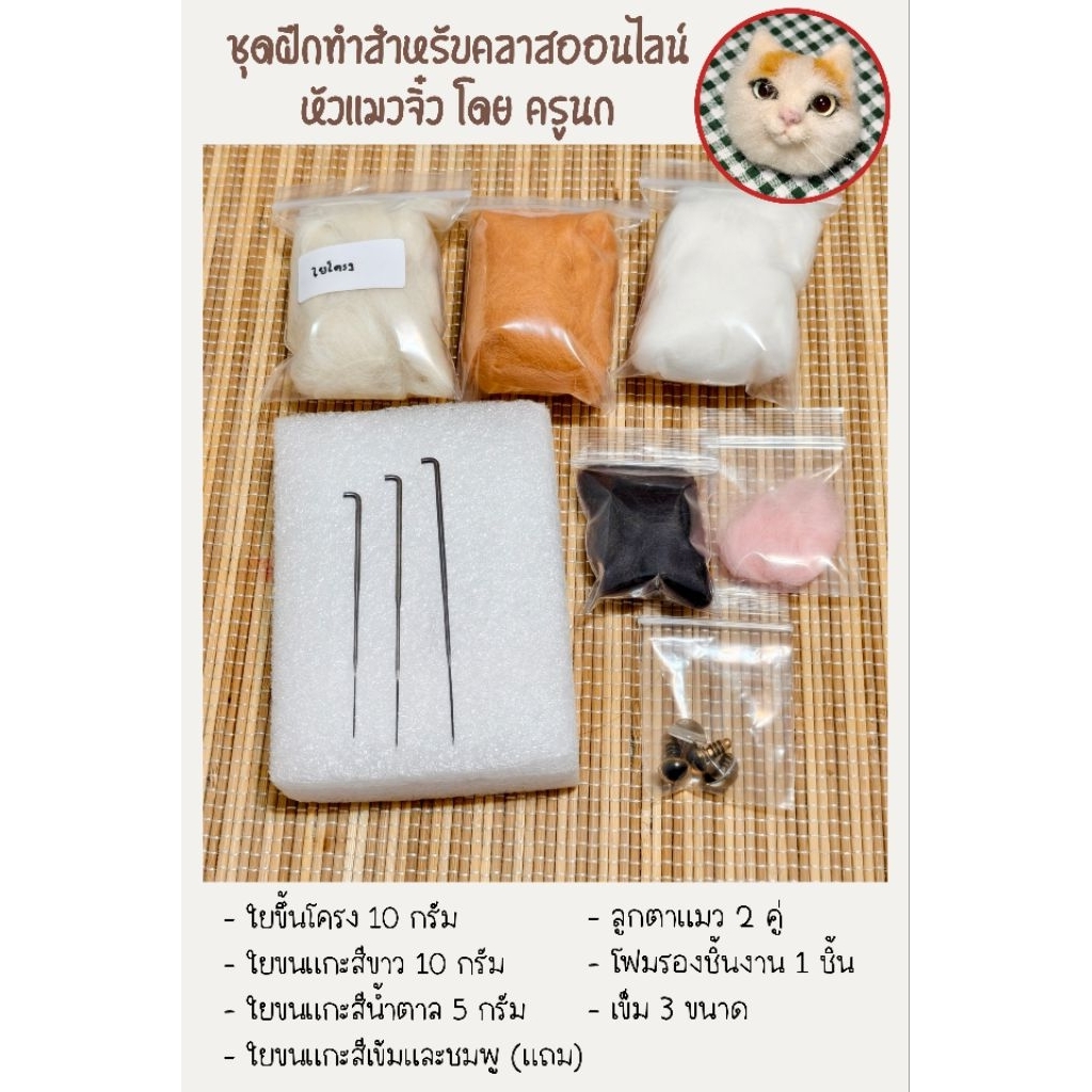 ชุดฝึกทำตุ๊กตาใยขนแกะ สำหรับคลาสออนไลน์หัวแมว โดยครูนก