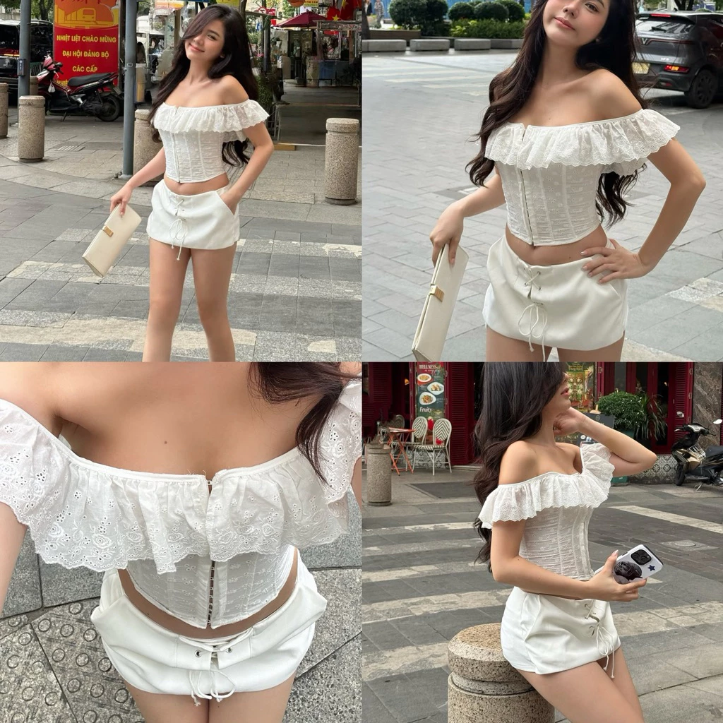 แบรนด์Valérie Off-Shoulder ชุดคลอเซ็ตขาวสไตล์ลูกไม้ ดีไซน์คอออกไหล่ พร้อมรายละเอียดกระโปรงฟรัฟฟี่น่ารัก