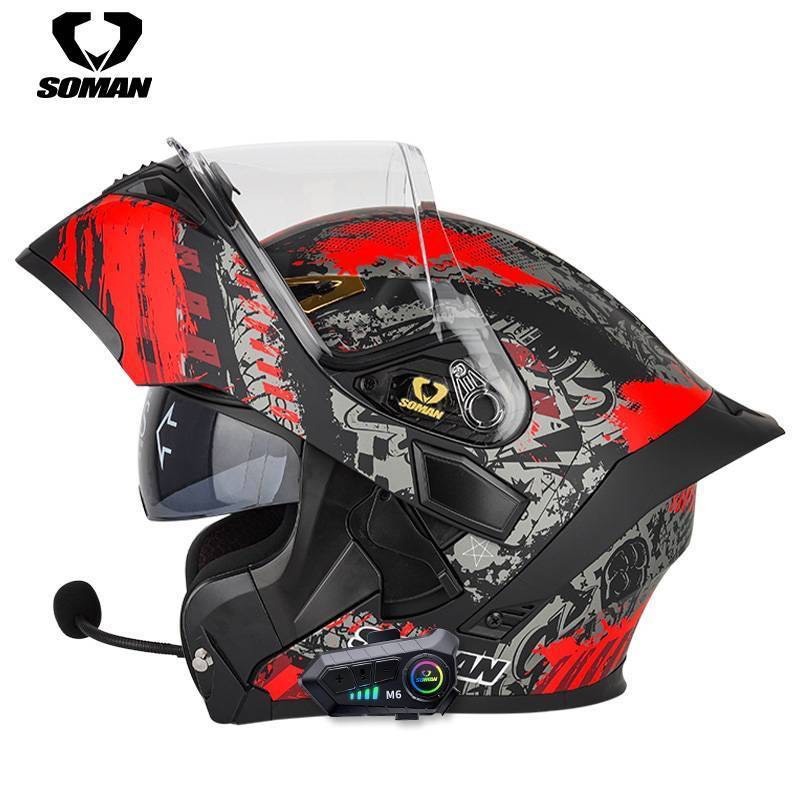 SOMAN SM955 Black Red หมวกยกคาง แถมบลูทูธและชิว