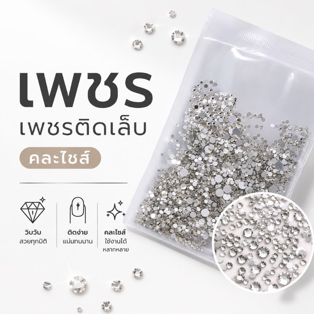 จัดส่งทันที ♡ Rhinestones เพชรชวา สีขาว 1440 เม็ด ( ฐานแน่นไม่หลุด)