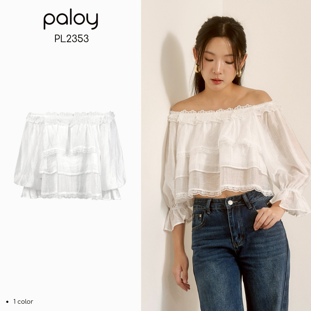 [Pre-order 14-30 วัน]  Paloy - PL2353 Ruffled Heart Crop Top เสื้อครอปปาดไหล่ หัวใจ paloy