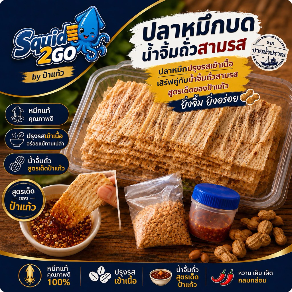 ปลาหมึกบดน้ำจิ้มถั่วสามรส จากปากน้ำปราณ หวานเค็มเผ็ดเล็กน้อย ถั่วลิสงคั่วใหม่