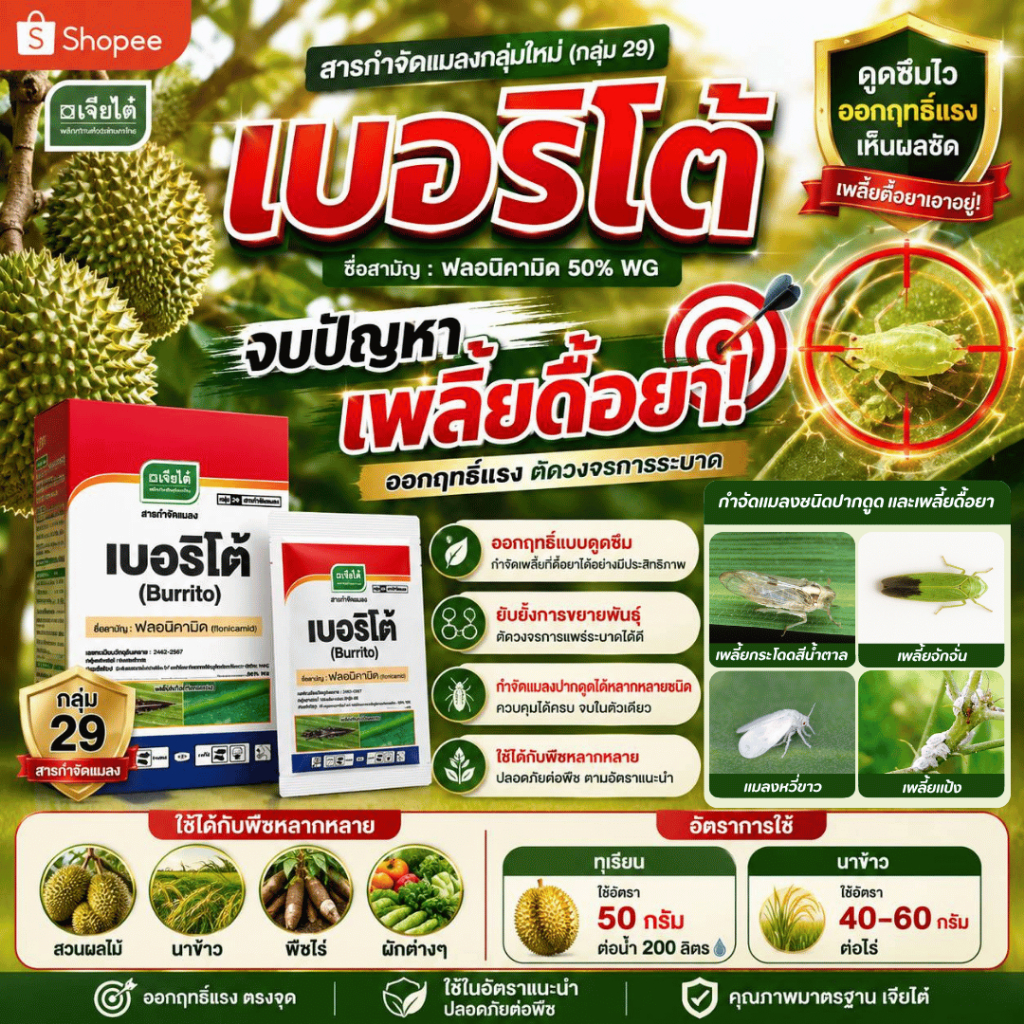 เบอริโต้ สารฟลอนิคามิด ขนาด 50 กรัม เจียไต๋ กำจัดเพลี้ยแป้ง เพลี้ยจักจั่น เพลี้ยกระโดดสีน้ำตาล เก่งแมลงปากดูดทุกชนิด