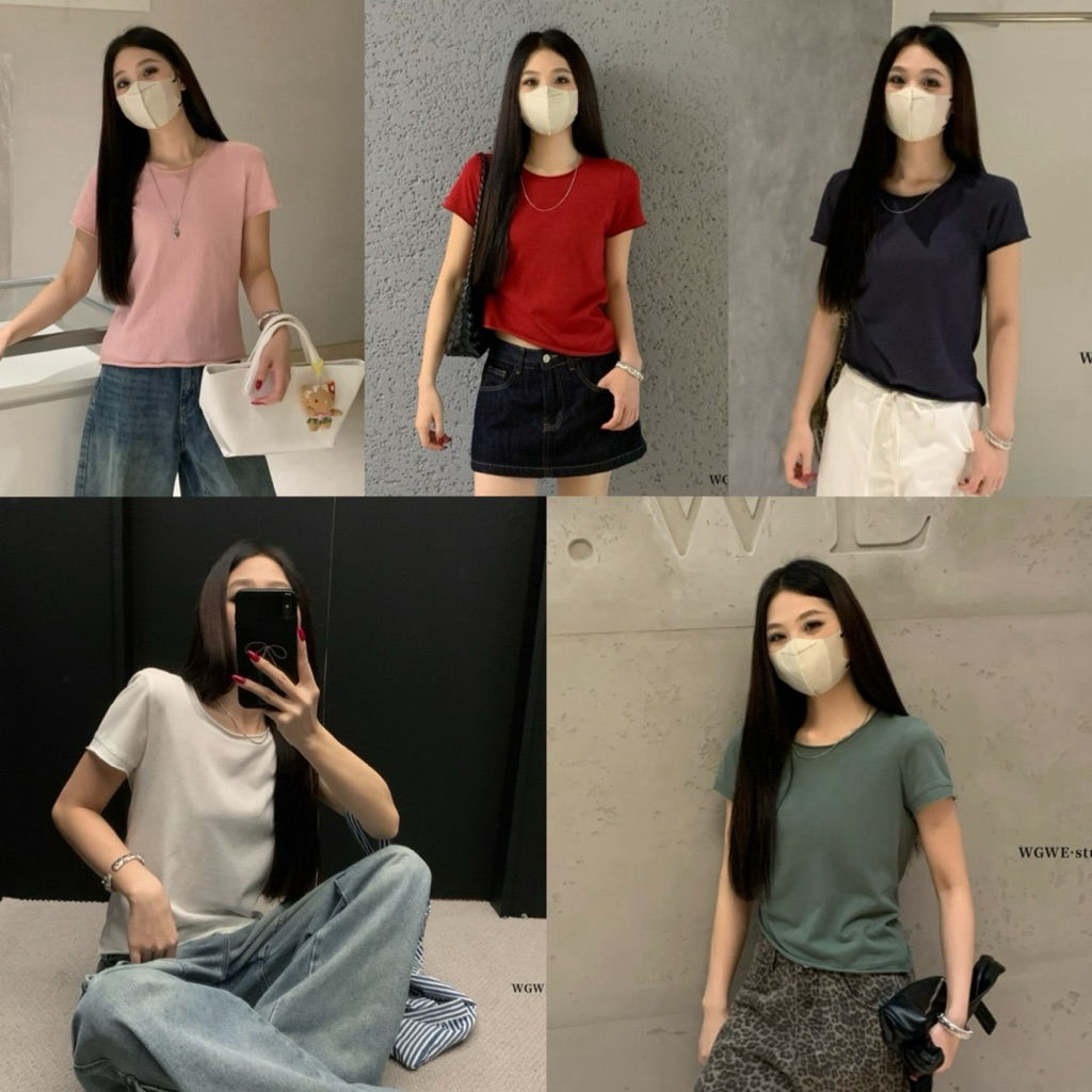 9717# #เสื้อคอกลมแขนสั้น เนื้อผ้ายืดอย่างดีทรงสวย TAG:WG.WE 🇰🇷