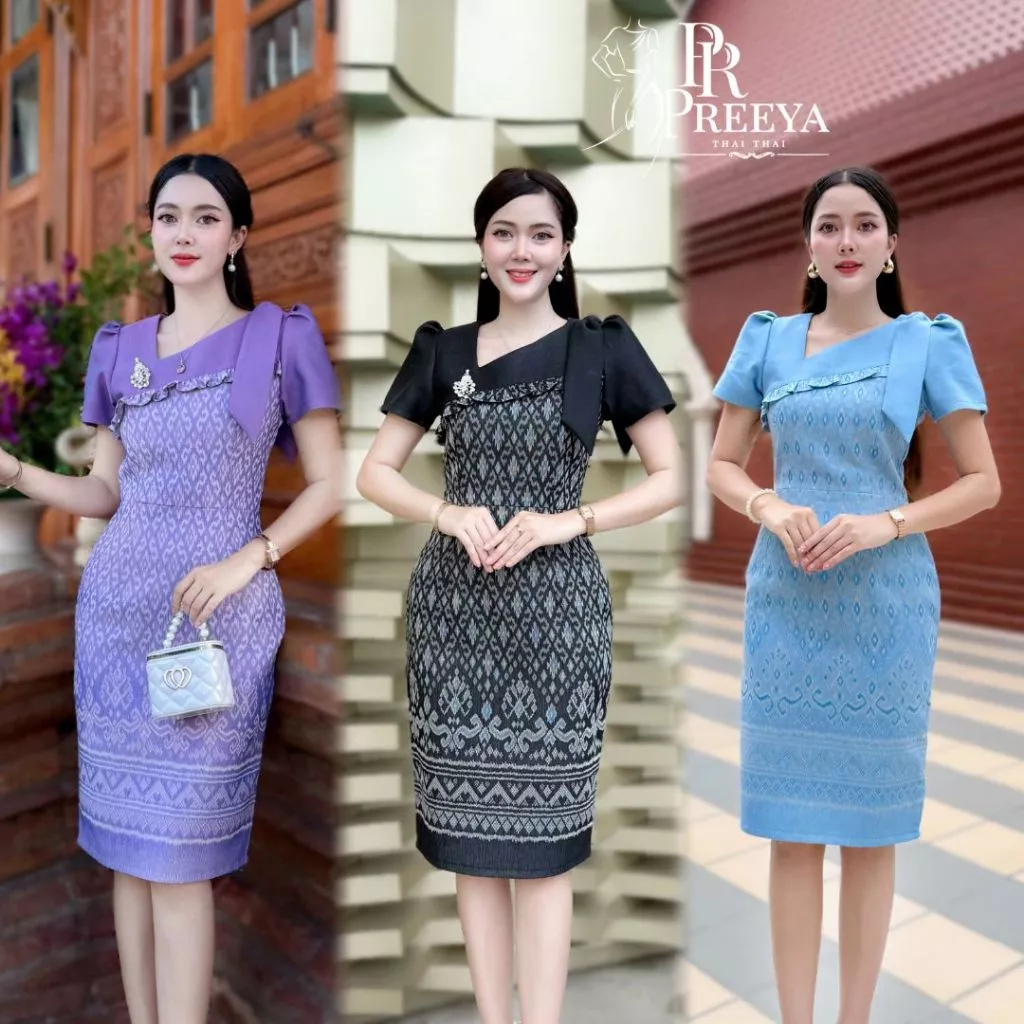 PR150 เดรสผ้าฝ้ายทอลาย ยกแขน อัดกาวทั้งชุด แบรนด์ preeya มีไซส์S-4XL