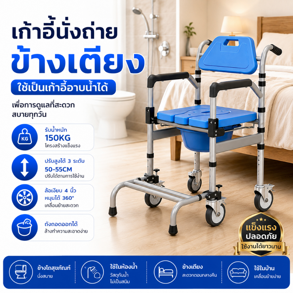 เก้าอี้นั่งถ่าย เก้าอี้นั่งถ่ายผู้สูงอายุ เก้าอี้อาบน้ำมีล้อ รถเข็นนั่งถ่าย ปรับสูงได้ รับน้ำหนัก150KG ถังถอดล้างง่าย