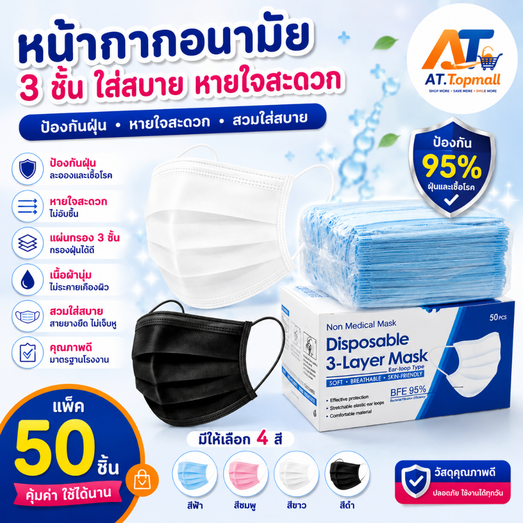 AT.Topmall หน้ากากอนามัย แบบกรอง 3 ชั้น  บรรจุ 50ชิ้น/กล่อง. (กล่องDisposable)