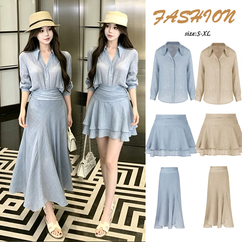 99455 เสื้อเชิ้ตแขนยาวคอวีสไตล์วินเทจ ชุดลำลองฤดูร้อน กระโปรงครึ่งตัวเอวสูงทรงตัวเอ สองชิ้น มีทั้งแบบสั้นและแบบยาว