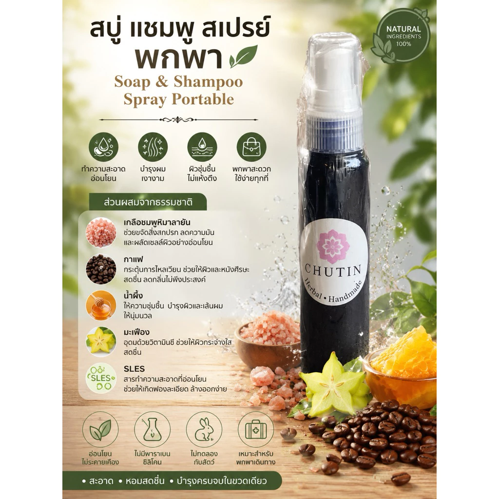 สบู่แชมพูพกพา กาแฟและเกลือชมพูหิมาลายัน Chutin