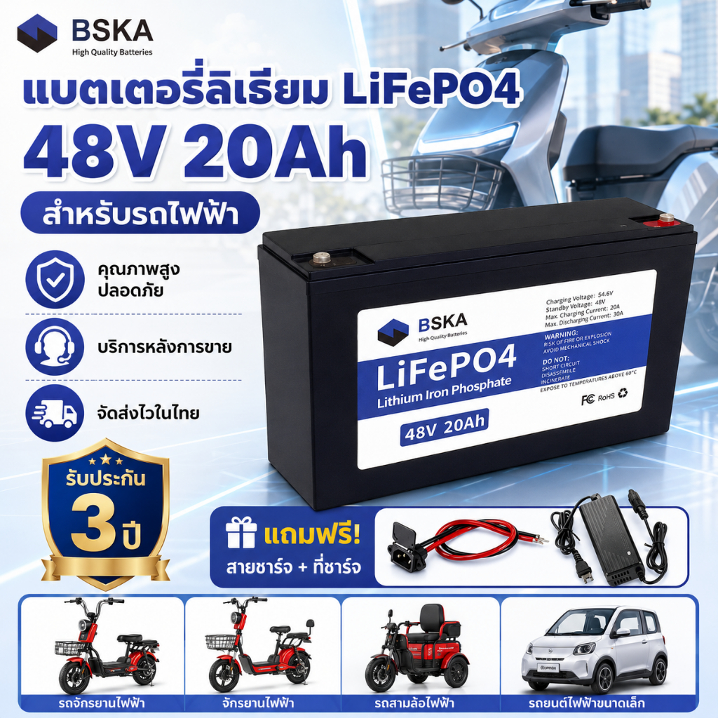🔋แบตลิเธียม BSKA 48V 20Ah LiFePO4 สำหรับจักรยานไฟฟ้า รถสามล้อไฟฟ้า พร้อมที่ชาร์จ 🔋