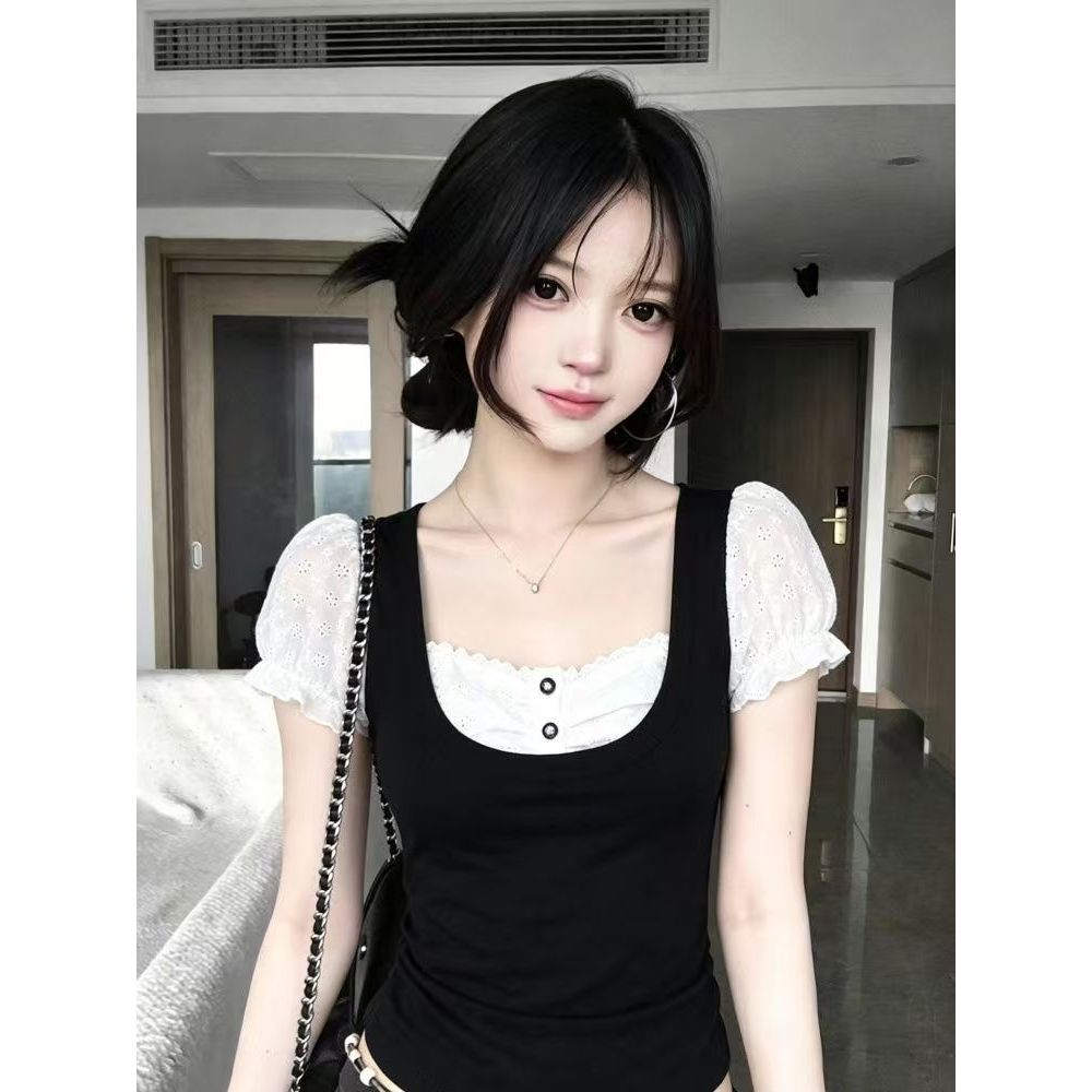 shayne-เสื้อผู้หญิง แขนพอง ปุ่มกด ขอบลูกไม้ ปกเสื้อ ประเภทรุ่น Slim Fit หวาน น่ารัก แฟชั่นฤดูร้อน