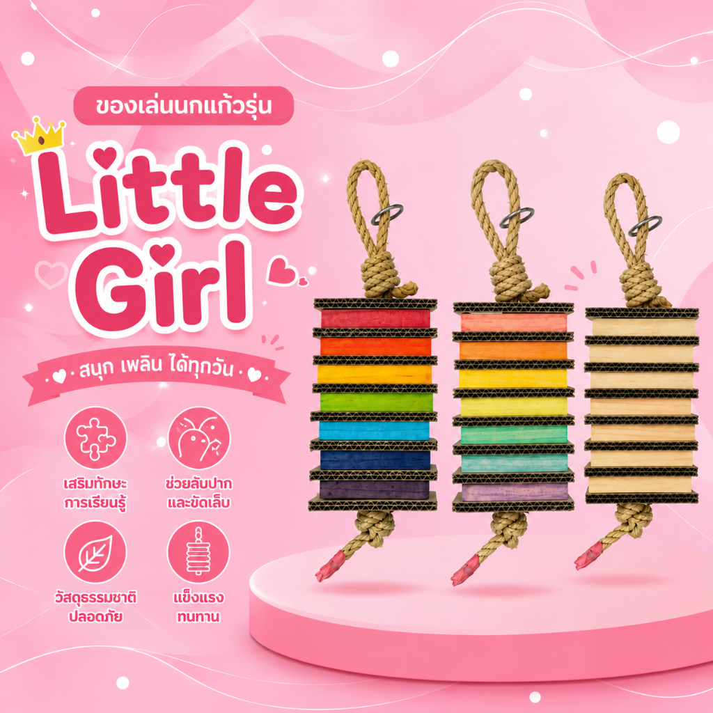 ของเล่นนกแก้ว Perch Toy รุ่น Little Girl 1 เส้น แฮนด์เมดจากธรรมชาติยาว 35 ซ.ม พร้อมห่วงเหล็ก