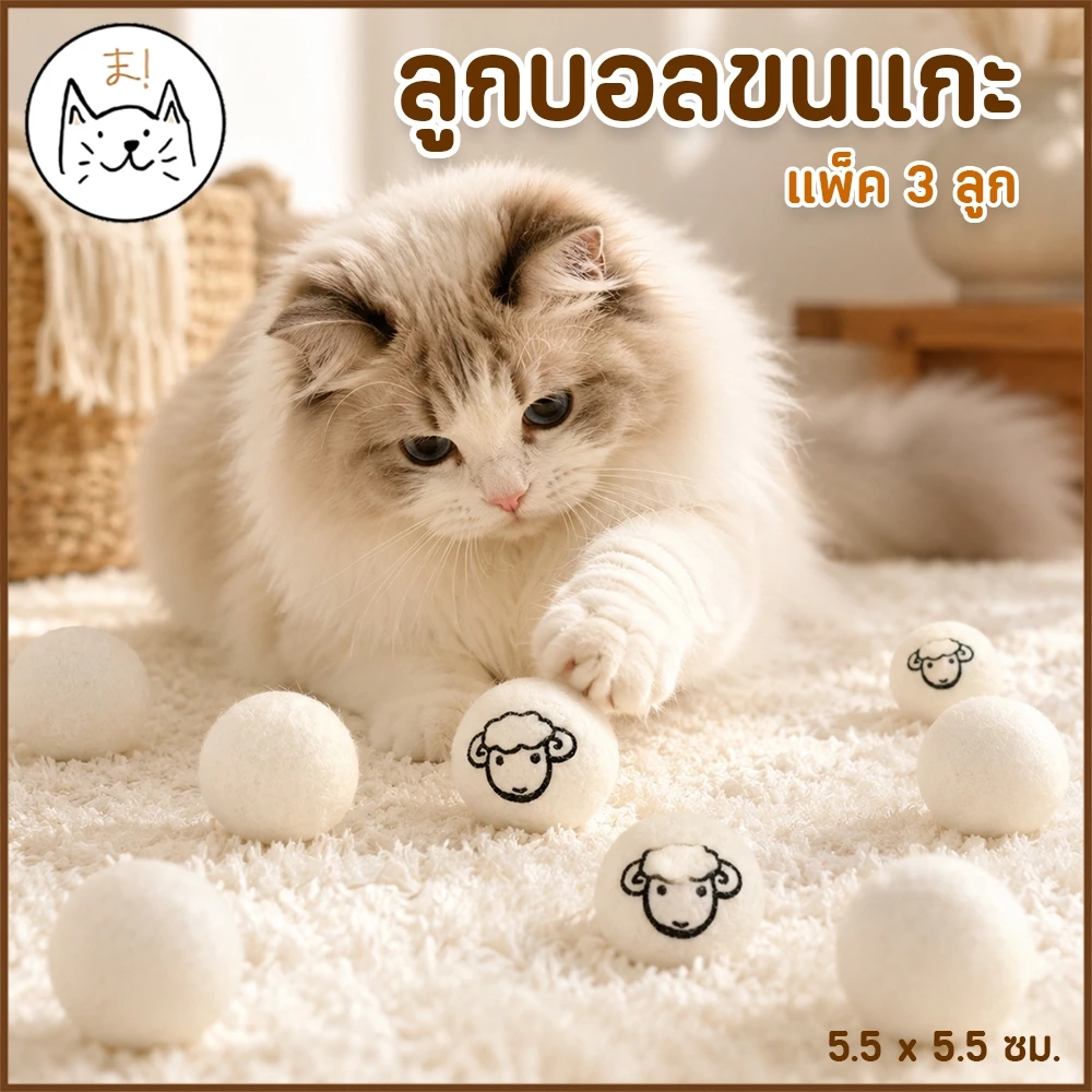 KUMAま (แพ็ค 3 ลูก) ลูกบอลขนแกะสำหรับสัตว์เลี้ยง ของเล่นแมว ลูกบอลขนแกะ ลูกบอลแมว สุนัข