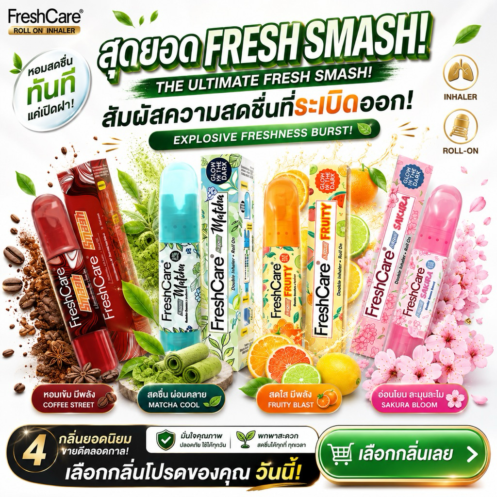 Freshcare 2 in 1 ยาดมอินโด Smash Matcha Fruity Sakura กลิ่นหอม พกพาง่าย ไอเทมเล็กๆ ที่หลายคนพกติดตัว ครบจบในแท่งเดียว!