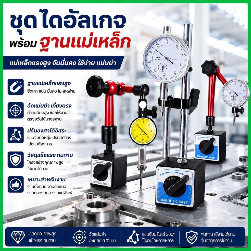 ชุดขาตั้งแม่เหล็กพร้อมไดอัลเกจนาฬิกาหมุนรอบตัว ขาตั้งแดง ขาตั้งฟ้า ฐานแม่เหล็กจับไดอัลเกจ MAGNETIC STAND