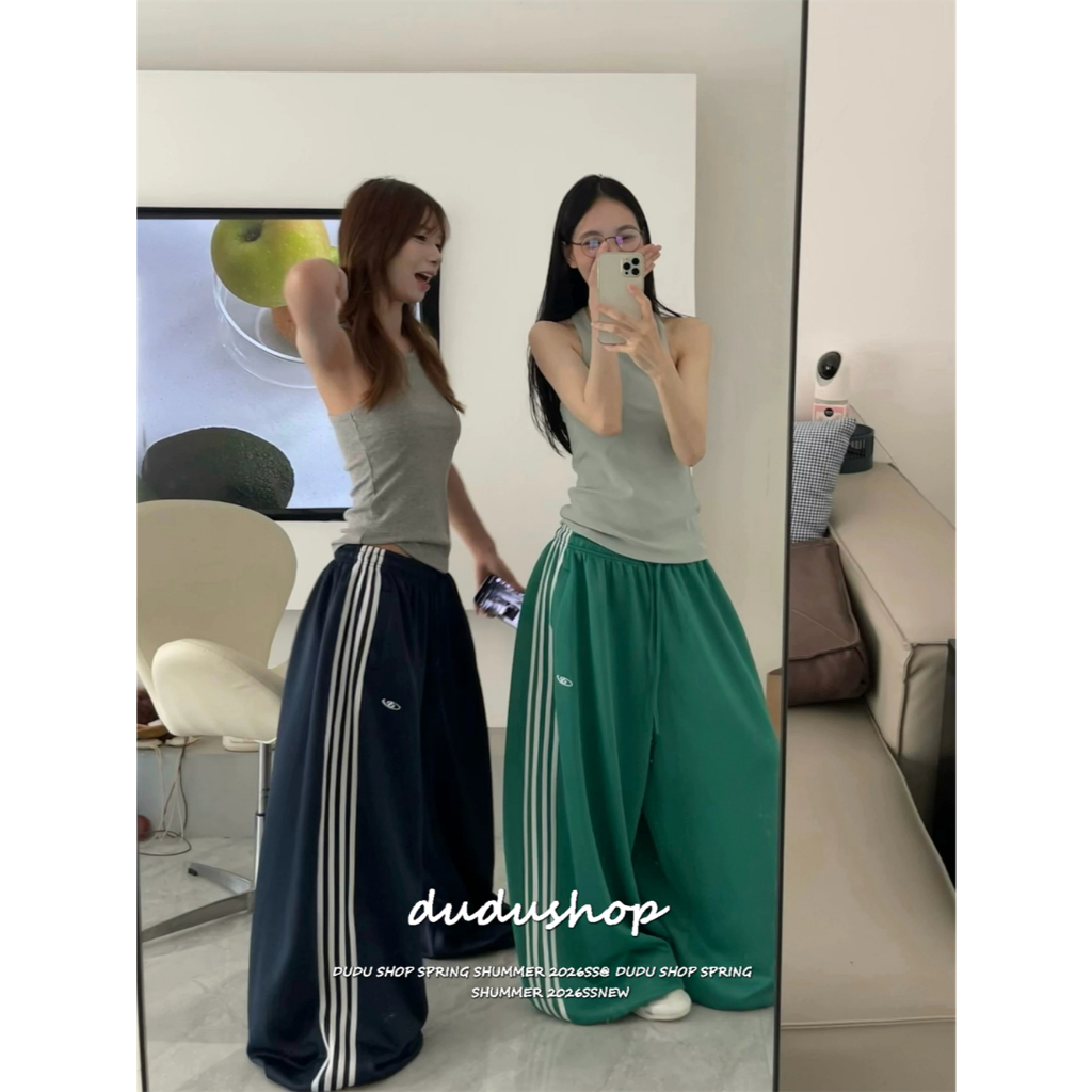 [Trendy embroidery, striped pants]สตรีทแดนซ์กีฬาสไตล์เกาหลีแฟชั่นเย็บปักถักร้อยผู้หญิงลายกางเกงขากว้าง