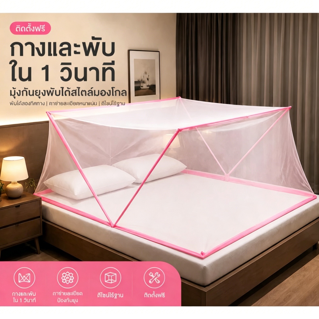 BOENIN มุ้งกันยุง มุ้งพับ 4เสา 3ฟุต 3.5ฟุต 5ฟุต 6ฟุต มุ้งครอบผู้ใหญ่ มุ้งครอบเด็ก การง่าย พกพาสะดวก ป้องกันยุง การปิดกั้