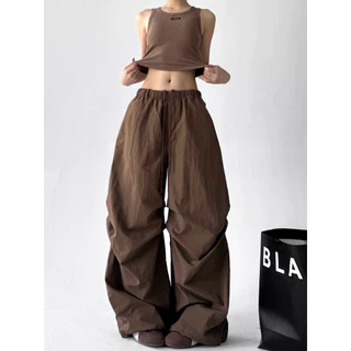 [Summer quick drying fabric, casual pants]สไตล์อเมริกันวินเทจผู้หญิงสีทึบแจ๊สเต้นลำลองกางเกงขากว้าง