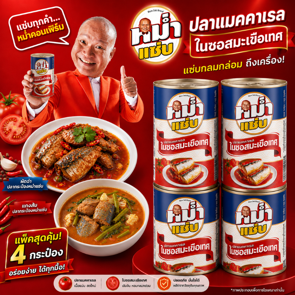ปลาทูแมคเคอเรลในซอสมะเขือเทศ ตราหม่ำแซ่บ ปลากระป๋องพร้อมทาน