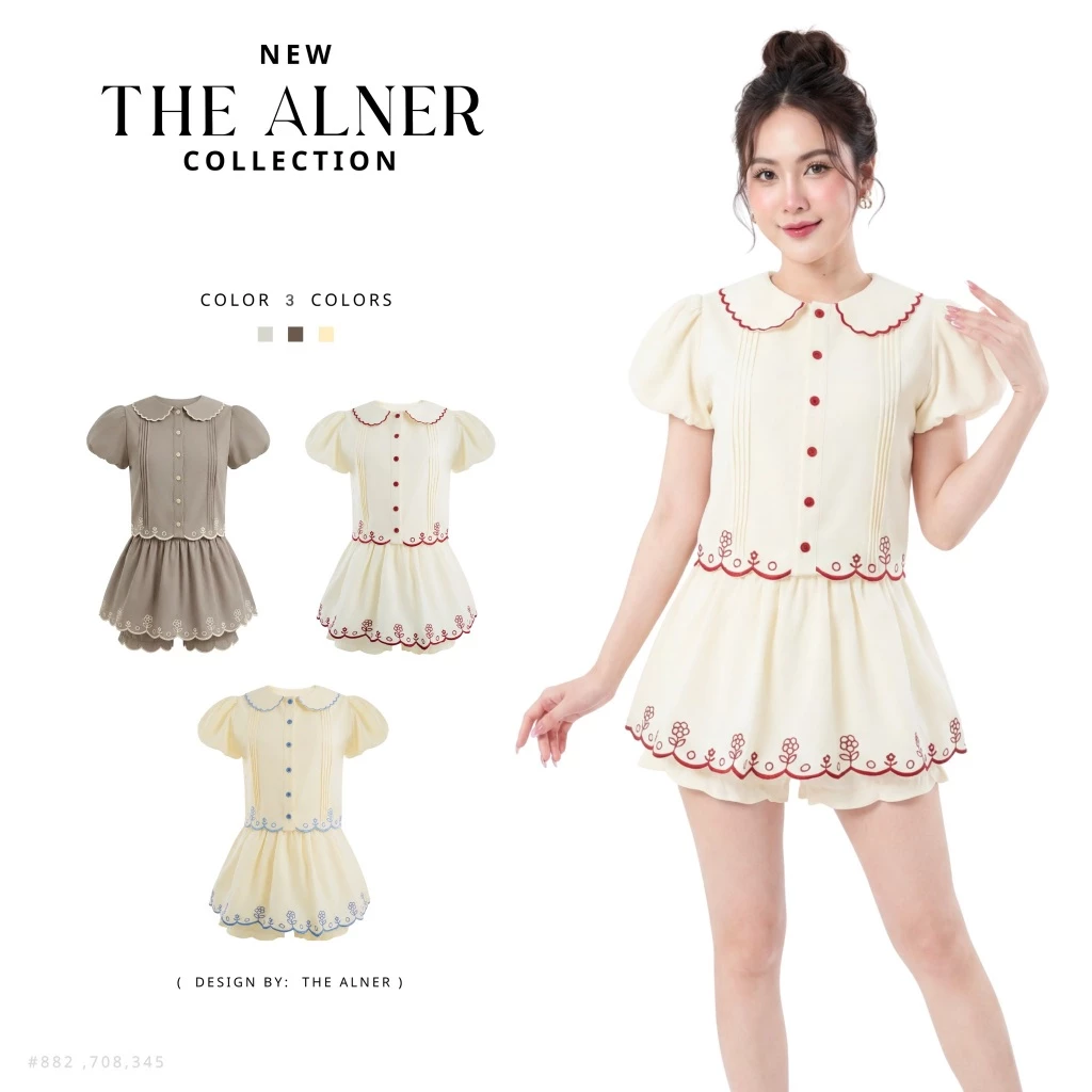 Lily Belle Set เซตเสื้อคอบัวแขนตุ๊กตาแต่งกระดุม+กระโปรงกางเกง Thealner(ดิอัลเนอร์)